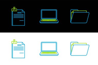 Satır Belge dizini, Dosya belgesi, klasör klipsi ve Laptop simgesini ayarla. Vektör