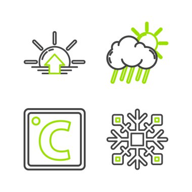 Kartanesi, Celsius, Bulut, yağmur, güneş ve gündoğumu ikonu. Vektör