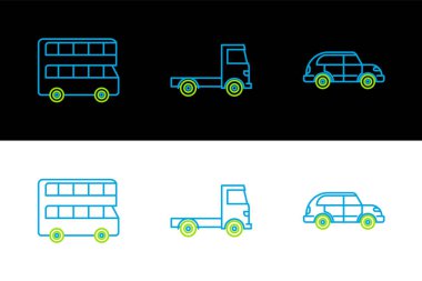 Hatchback vagonu, çift katlı otobüs ve kargo kamyonu ikonu. Vektör
