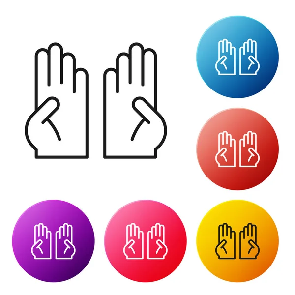 黑线橡胶手套图标隔离在白色背景 Latex手部保护标志家务活清洁用品符号 设置彩色圆形按钮图标 — 图库矢量图片