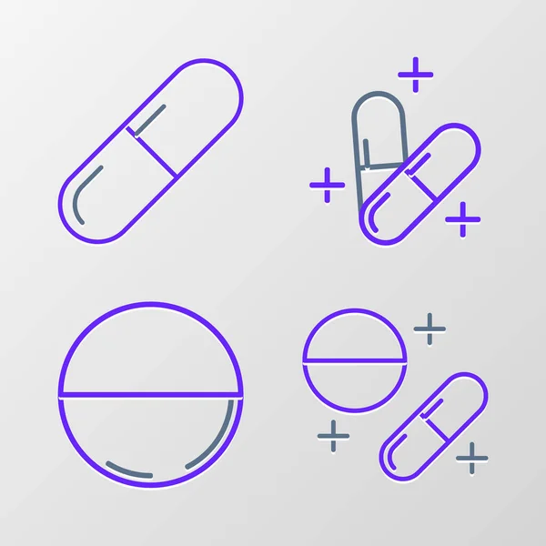 Установить Линию Лекарственные Таблетки Планшеты Значок Вектор — стоковый вектор