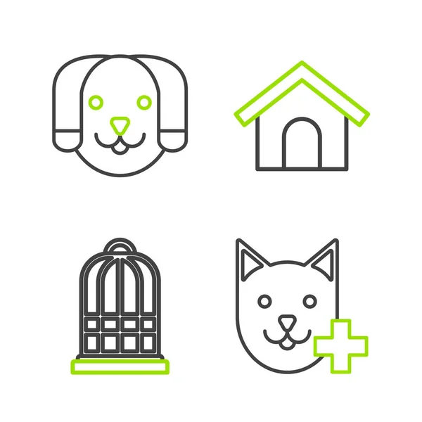 Set Line Veterinary Clinic Symbol Cage Birds Dog House Icon — Stock Vector