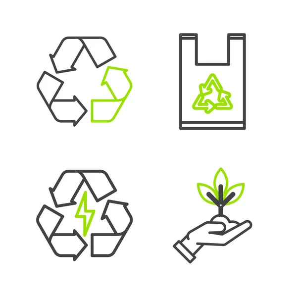 Set Line Plant Der Hand Des Umweltschutzes Batterie Mit Recycling — Stockvektor