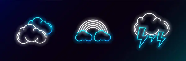 Establecer Línea Tormenta Nube Arco Iris Con Icono Nubes Brillante — Vector de stock