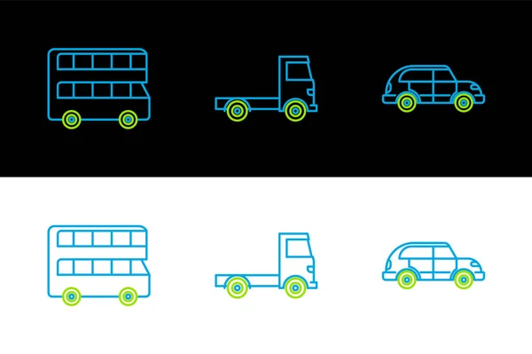 Set Lijn Hatchback Auto Dubbeldekker Bus Delivery Cargo Truck Icoon — Stockvector