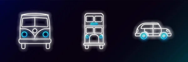 Définir Ligne Voiture Hayon Minifourgonnette Rétro Icône Bus Deux Étages — Image vectorielle