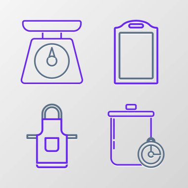 Yemek pişirme kabı ve mutfak zamanlayıcısı, mutfak önlüğü, kesme tahtası ve ölçek simgesi. Vektör