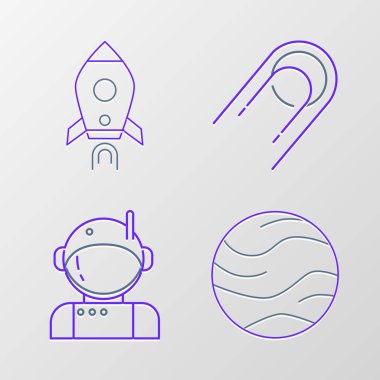 Gezegen, astronot, uydu ve ateş ikonlu roket gemisini ayarlayın. Vektör