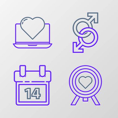 Dart 'ın merkezindeki çizgiyi hedef al, Takvim 14 Şubat, erkek cinsiyet sembolü ve Laptop kalp ikonu. Vektör