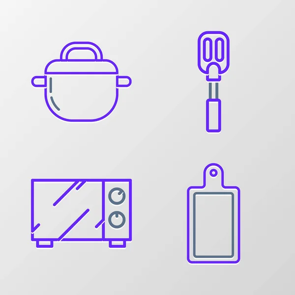 Σετ Πίνακα Κοπής Γραμμή Φούρνο Μικροκυμάτων Σπάτουλα Και Μαγειρέματος Εικονίδιο — Διανυσματικό Αρχείο