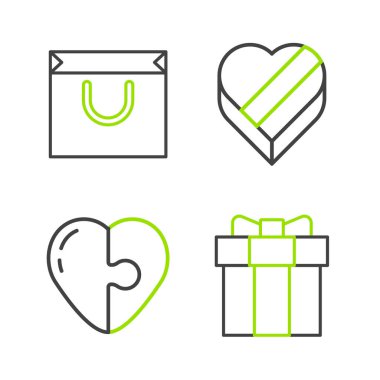 Satır çizgisi Hediye Kutusu, Kalp Şekeri kalp şeklinde ve alışveriş poşeti ikonu. Vektör