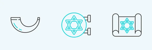 Tevrat Parşömenini Geleneksel Koç Boynuzunu Shofar Yahudi Sinagog Ikonunu Ayarla — Stok Vektör
