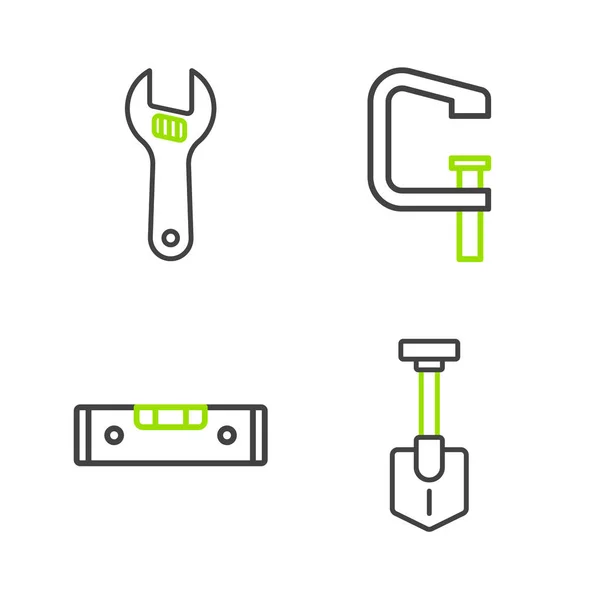 stock vector Set line Shovel, Construction bubble level, Clamp and screw tool and Adjustable wrench icon. Vector