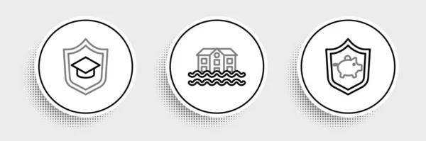 设置线皮吉河与盾牌 毕业帽和房子的洪水图标 — 图库矢量图片