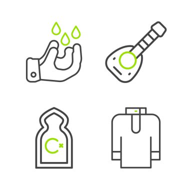 Sıra Shirt Kurta, Müslüman Camisi, Lute ve Wudhu ikonu. Vektör