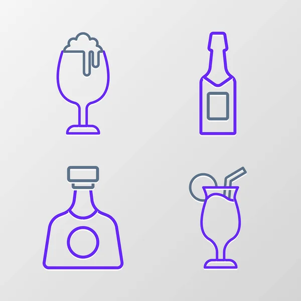 Σετ Γραμμή Cocktail Tequila Μπουκάλι Σαμπάνια Και Ποτήρι Μπύρα Εικονίδιο — Διανυσματικό Αρχείο