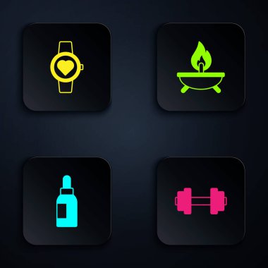 Dumbbell, Smart watch, esasen yağ şişesi ve Aroma mumu. Siyah kare düğme. Vektör
