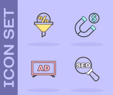 SEO optimizasyonunu, kurşun yönetimi, reklam ve mıknatısı para simgesiyle ayarla. Vektör