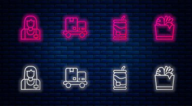 El arabası ve kutular, soda kutusu, Satıcı ve Alışveriş poşeti. Tuğla duvarda parlayan neon simgesi. Vektör