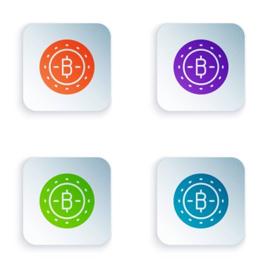 Beyaz arkaplanda izole edilmiş renkli Şifreleme madeni para simgesi Bitcoin simgesi. Madeni para. Engelleme zinciri tabanlı şifreli para birimi. Kare düğmelere renkli simgeleri yerleştir. Vektör.
