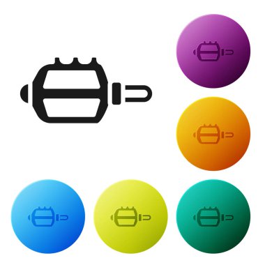 Beyaz arka planda siyah bisiklet pedalı simgesi izole edildi. Simgeleri renk daire düğmelerine ayarla. Vektör.