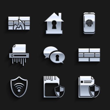 Kişisel verilerin korunmasını Wi-Fi kablosuz internet ağı Kağıt öğütücü gizli akıllı telefon parmak izi tarayıcısı ve Firewall güvenlik duvarı simgesi ile ayarla. Vektör.