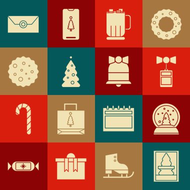 Noel kartpostalı, üzerinde yazı olan fiyat etiketi, sıcak çikolata kupası şekerlemeleri, ağaç süslemeleri, kurabiye bisküvileri, Envelope noel partisi davetiyesi ve Mutlu zil ikonu. Vektör