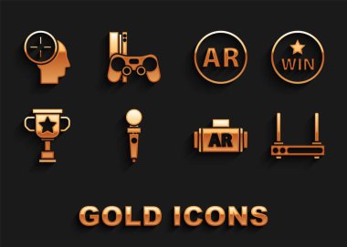 Oyun makinesi, Madalya, Yönlendirici ve Wi-Fi sinyali, Arttırılmış gerçeklik, Ödül kupası, kafa avlama konsolu ve joystick ikonuyla oyun konsolu için Joystick 'i ayarlayın. Vektör