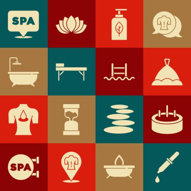 Set Pipette, merdivenli yüzme havuzu, sauna şapkası, temel yağ şişesi, masaj masası, küvet, kaplıca salonu ve ikon. Vektör