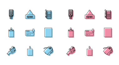 Hat İnsan elini kredi kartı ile tutmak, POS terminal baskılı alıcı akıllı telefon, Blank etiket şablon fiyat etiketi, Kredi ve asma işareti açık kapı simgesi ile ödemeyi doğruladı. Vektör