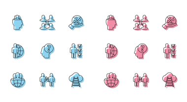 Küre ve insanlar, Proje ekibi üssü, Buluta giden Merdiven, soru işaretli insan kafası, iş elbisesi kullanıcısı ve ikon. Vektör