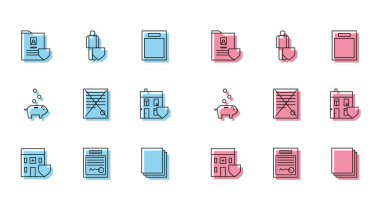 Tıbbi hastane binasını kalkan, doldurulmuş form, belge, temiz kağıt, silme dosyası, House, Piggy Bankası madeni parası ve hayat sigortası ikonu ile donatın. Vektör