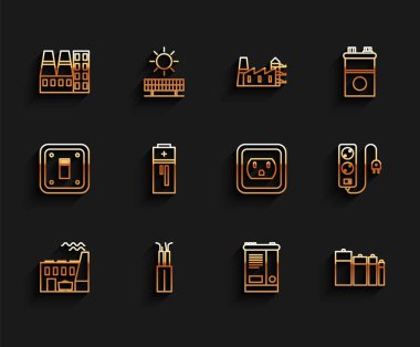 Kömür santrali ve fabrika hattı, elektrik kablosu, elektrik santrali, araba aküsü, pil, uzatma kablosu ve ABD ikonundaki elektrik prizi. Vektör