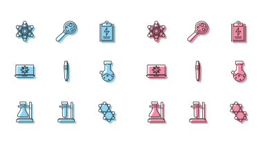 Kürsüye çizgi Test tüpü şişesi, Atom, molekül, cımbız, kimyasal, bakteri dizüstü bilgisayarı ve mikroorganizmaları büyüteç simgesi altında yerleştirin. Vektör