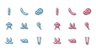 Haşlanmış sosis, kızarmış hindi ya da tavuk ızgara şiş kebap şiş kebap, et maşası, pirzola bifteği ızgara ızgara ızgara ve sosis ikonu. Vektör