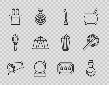 Misket topu, aşk iksiri şişesi, cadı süpürgesi, sihirli top, sihirbaz şapkası ve tavşan kulağı, sirk çadırı, bilet ve asa ikonu. Vektör