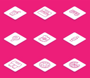 Saman ile şerit kağıt bardak, paket kahve fincanı, kesim tahtasında suşi, lolipop, sandviç, şeker ve çörek ikonu. Vektör