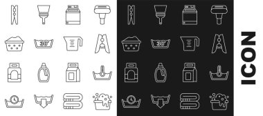 Sabun köpüklü leğen, ısı temizleme, mandal, çamaşır yıkama ve ölçü kabı ikonu koyun. Vektör