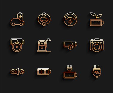 Elektrik motoru, akü şarjı, araba, tasarruf prizi yaprak, şarj istasyonu, geri dönüşüm sembolü ve düşük pil simgesi. Vektör