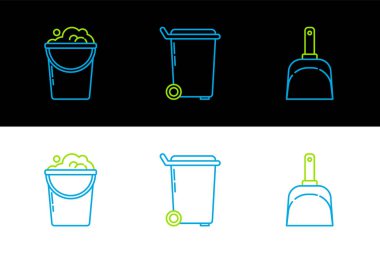 Faraş, köpüklü kova ve çöp tenekesi simgesini ayarla. Vektör