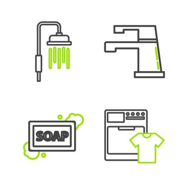 Çamaşır makinesi ve tişört, köpüklü sabun musluğu ve duş başlığı ikonu. Vektör