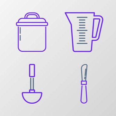 Sıralı bıçak, mutfak kepçesi, ölçü kabı ve tencere ikonu. Vektör