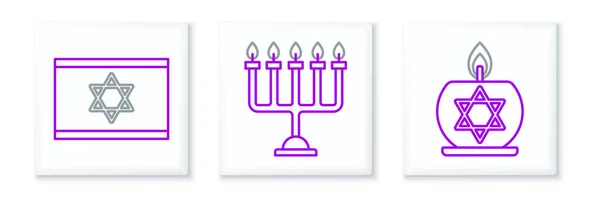 在烛台上点燃蜡烛 点上大卫之星 以色列国旗和光明节的圣像 — 图库矢量图片
