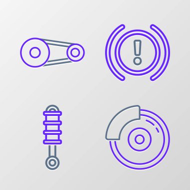 Otomobil fren diskini kalibre şok emici fren sistemi uyarısı ve zaman ayarlama kemeri simgesi ile ayarla. Vektör.