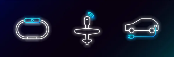 Setzen Sie Linie Elektroauto Smartwatch Und Drohne Symbol Leuchtendes Neon — Stockvektor