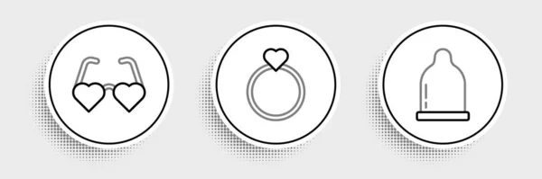 Установить Линию Презерватив Сердце Виде Любовных Очков Обручальные Кольца Значок — стоковый вектор