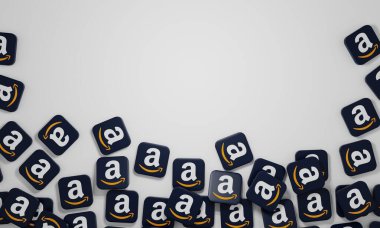 Melitopol, Ukrayna - 21 Kasım 2022: Amazon logosu renk arkaplanında izole edildi. Amazon, bir Amerikan uluslararası elektronik ticaret şirketidir. İnternet alışveriş servisi.