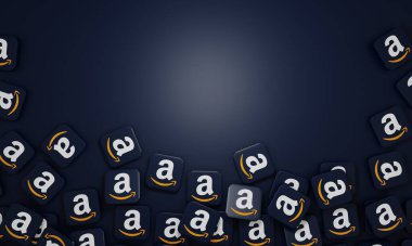 Melitopol, Ukrayna - 21 Kasım 2022: Amazon logosu renk arkaplanında izole edildi. Amazon, bir Amerikan uluslararası elektronik ticaret şirketidir. İnternet alışveriş servisi.