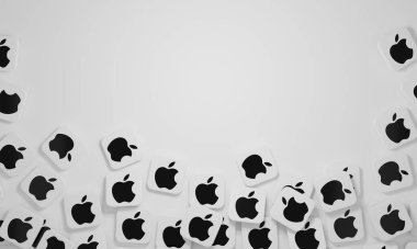 Melitopol, Ukrayna - 21 Kasım 2022: Elma logosu renk arkaplanında izole edildi. Apple American çok uluslu teknoloji şirketi iş adamları grubu cep telefonu ve dizüstü bilgisayarla sohbet ediyor.