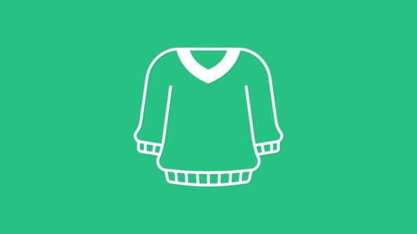 緑色の背景に白いセーターアイコンが隔離されています プルオーバーアイコン スウェットシャツのサイン 4Kビデオモーショングラフィックアニメーション — ストック動画